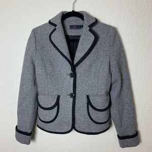 100% Wool Gray Blazer Jacket Pocket Black Piping